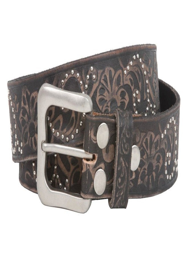 Beltiscool Snap On 1 1/2" Vintage Cowhide Leather Floral Embossed Studded Belt Size: 32 Color: Black - Image 3